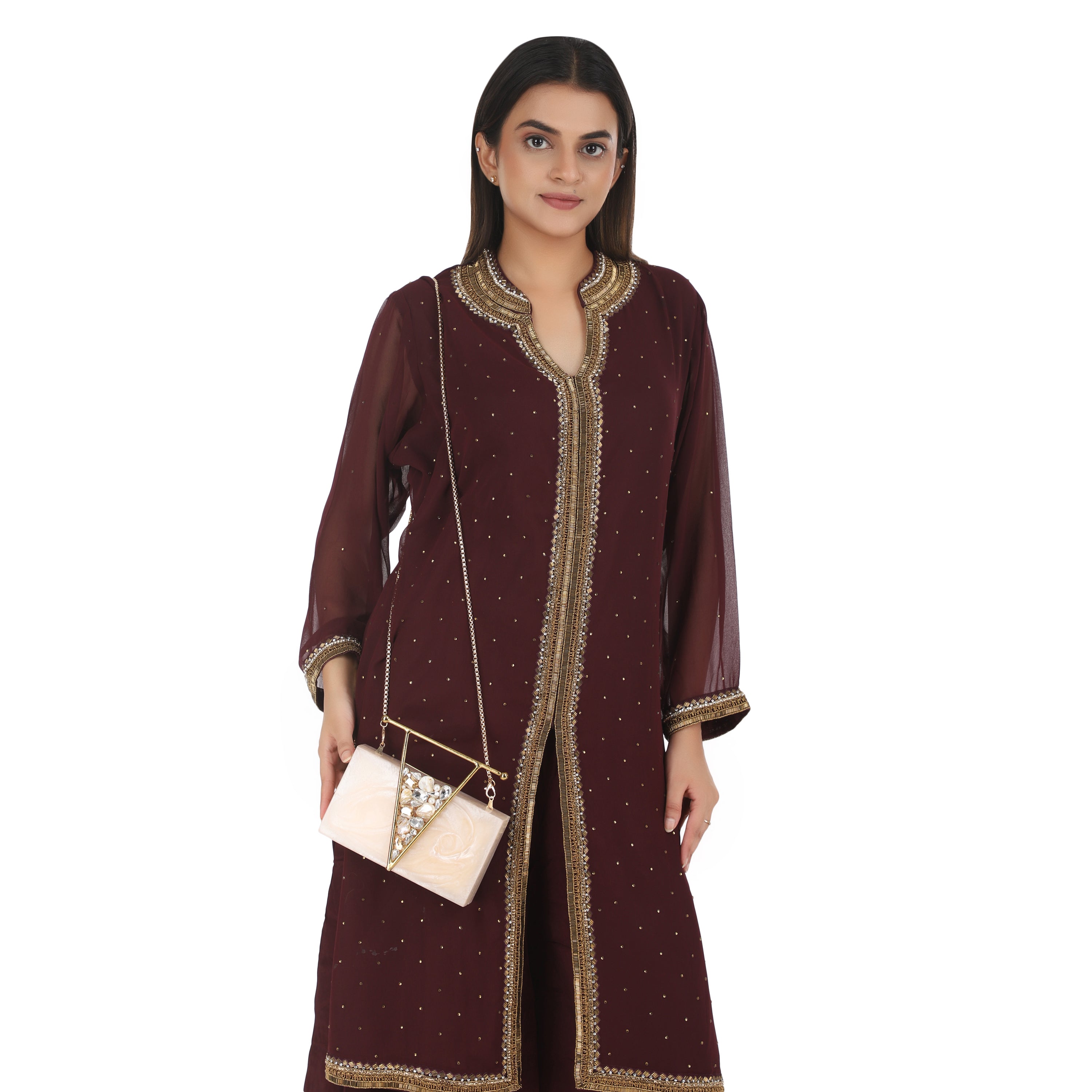 Beautifully crafted salmon resin clutch with exquisite details, perfect for showcasing your style.