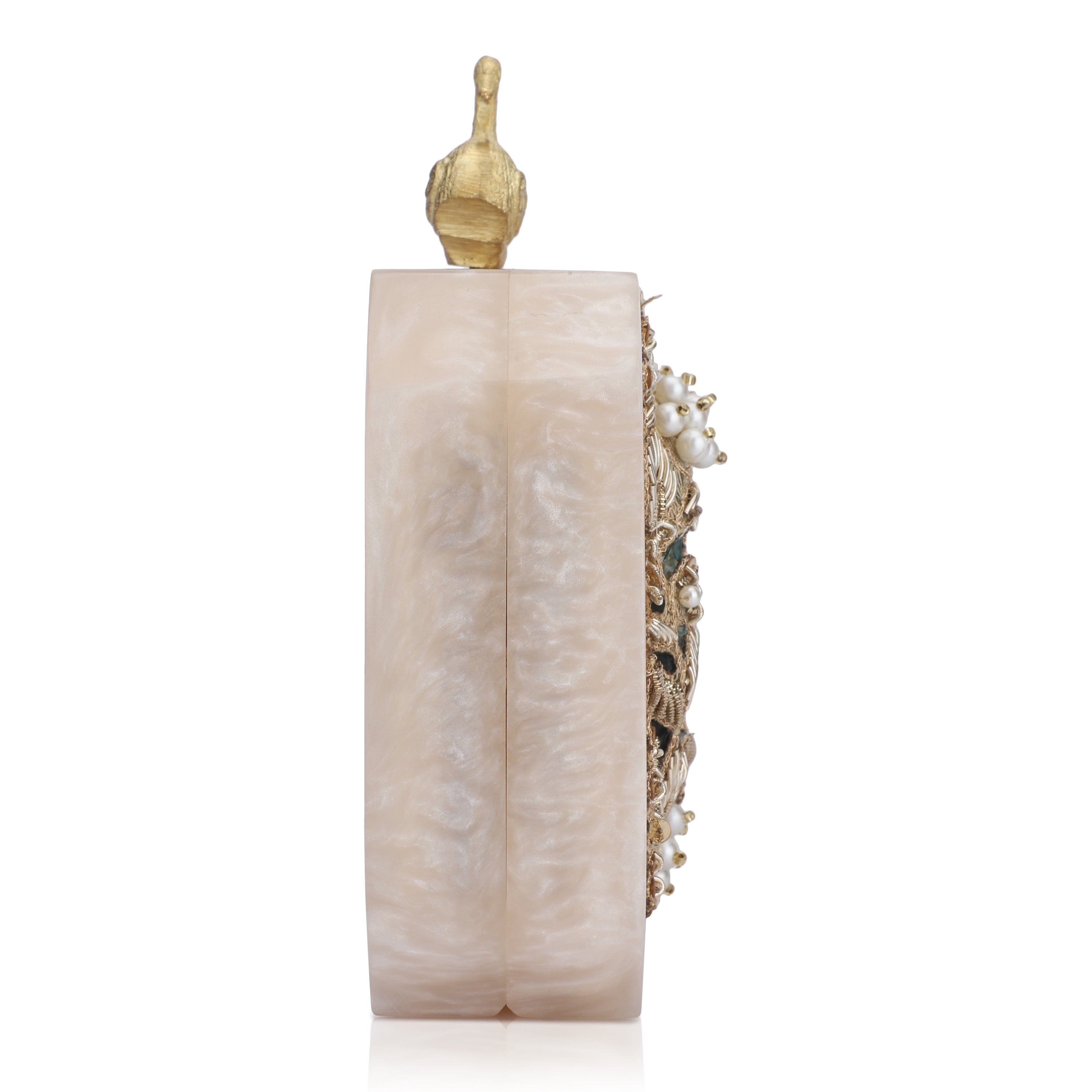 Salmon resin clutch with green agate stone, peacock knob, and stylish sling chain.