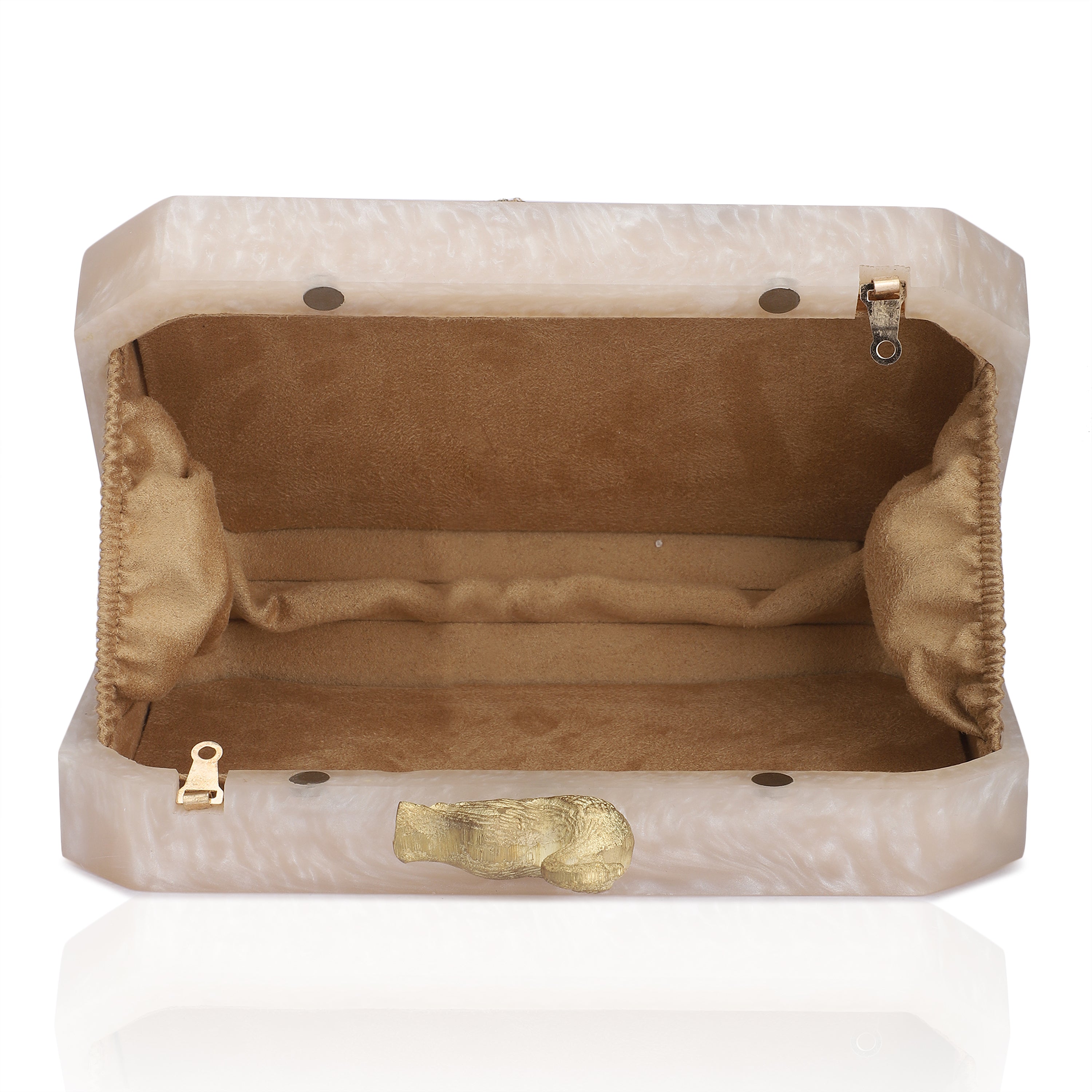 Salmon resin clutch with green agate stone, peacock knob, and stylish sling chain.