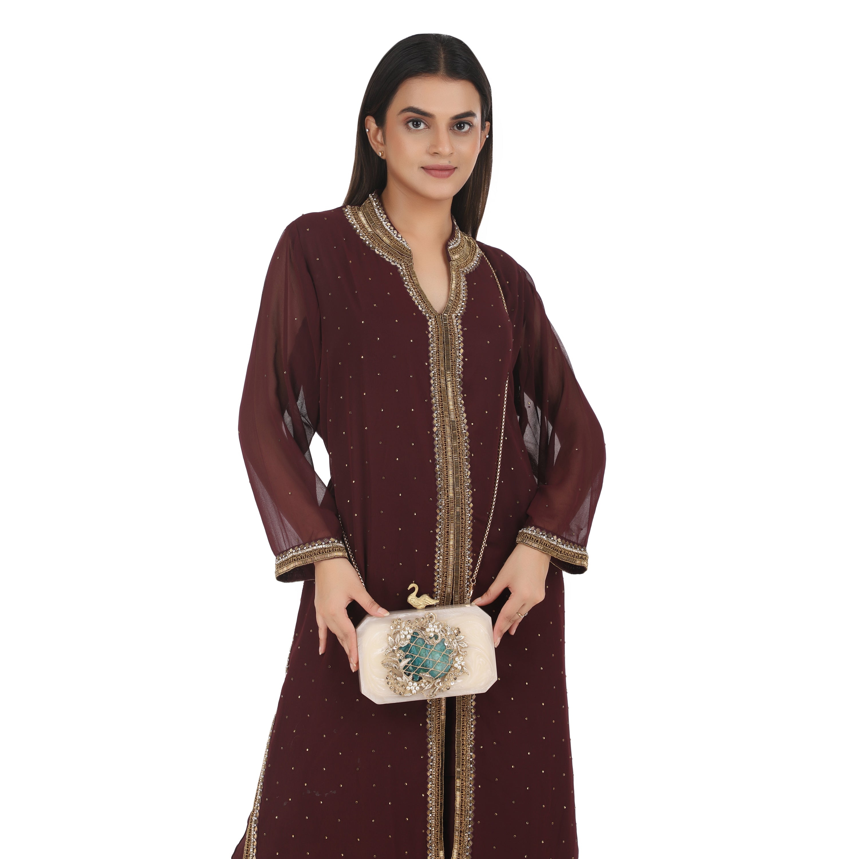 Salmon resin clutch with green agate stone, peacock knob, and stylish sling chain.