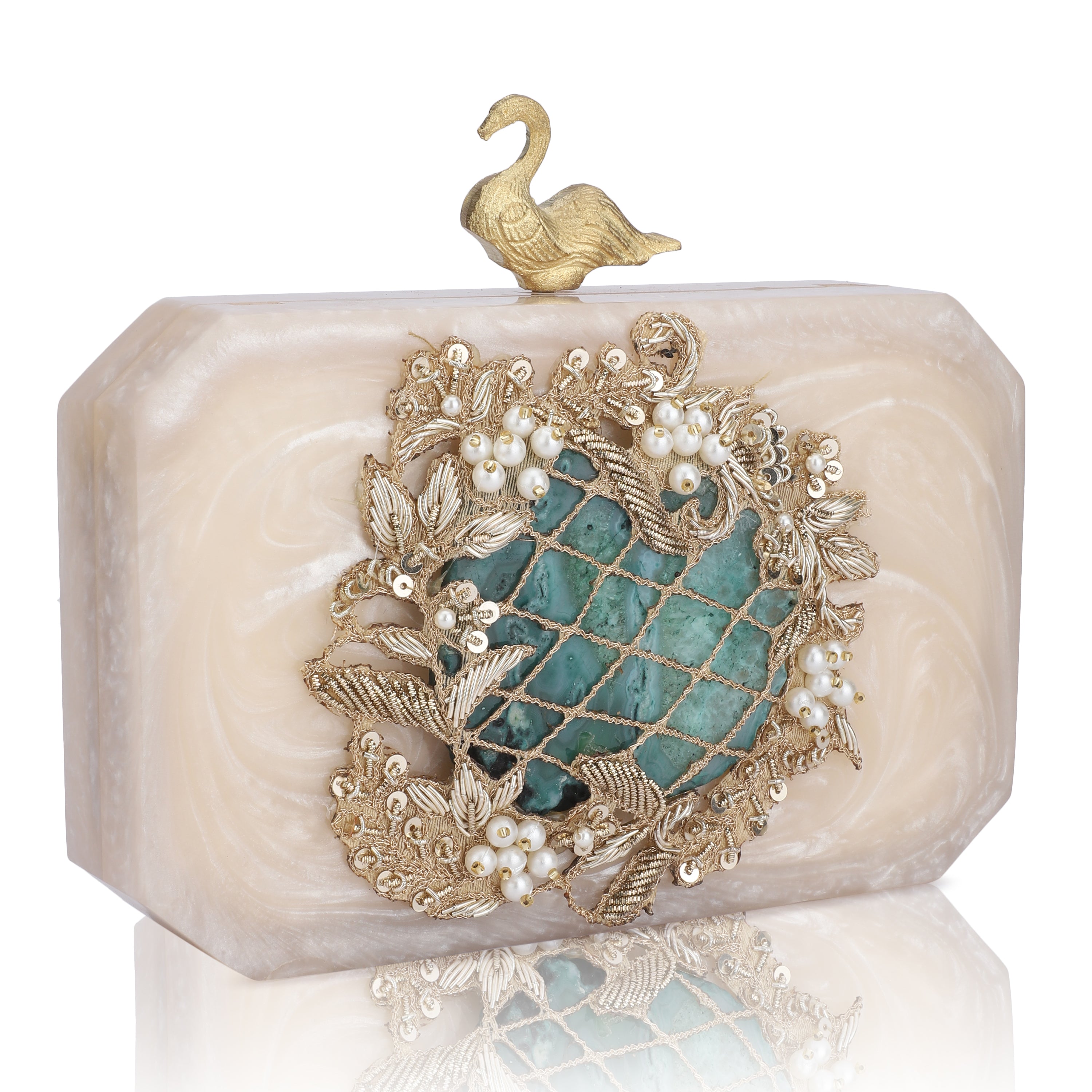 Salmon resin clutch with green agate stone, peacock knob, and stylish sling chain.