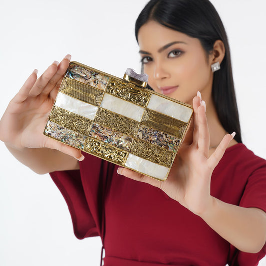 BRIGHTEN UP YOUR LOOK WITH THIS MULTICOLOR DESIGNER BRASS CLUTCH, COMPLETE WITH A STYLISH SLING CHAIN.