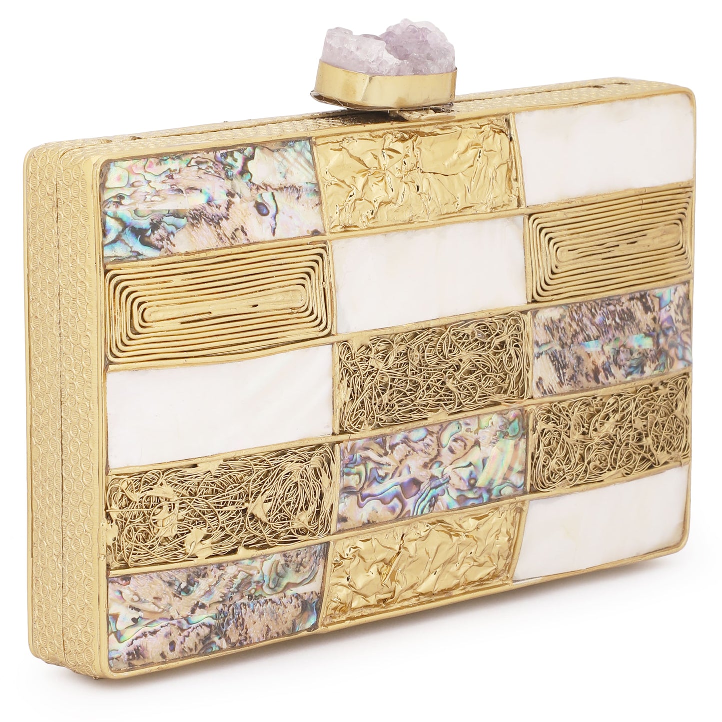 BRIGHTEN UP YOUR LOOK WITH THIS MULTICOLOR DESIGNER BRASS CLUTCH, COMPLETE WITH A STYLISH SLING CHAIN.