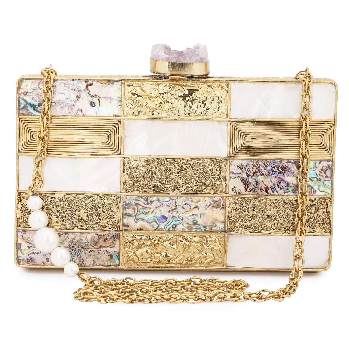 BRIGHTEN UP YOUR LOOK WITH THIS MULTICOLOR DESIGNER BRASS CLUTCH, COMPLETE WITH A STYLISH SLING CHAIN.