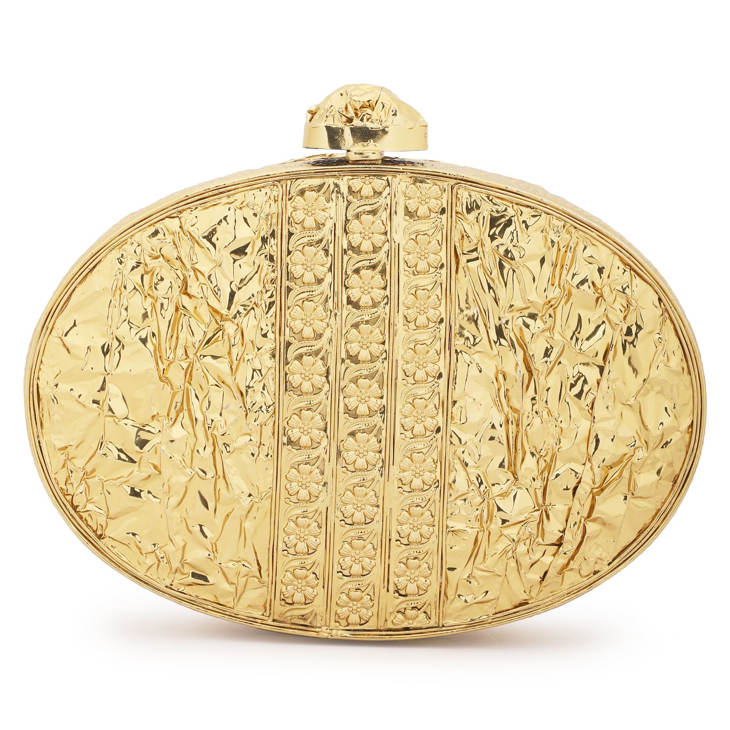 THIS OVAL BRASS MOP CLUTCH COMBINES CLASSIC DESIGN WITH A SOPHISTICATED TOUCH. A REFINED ACCESSORY THAT ADDS A UNIQUE FLAIR TO ANY ENSEMBLE."