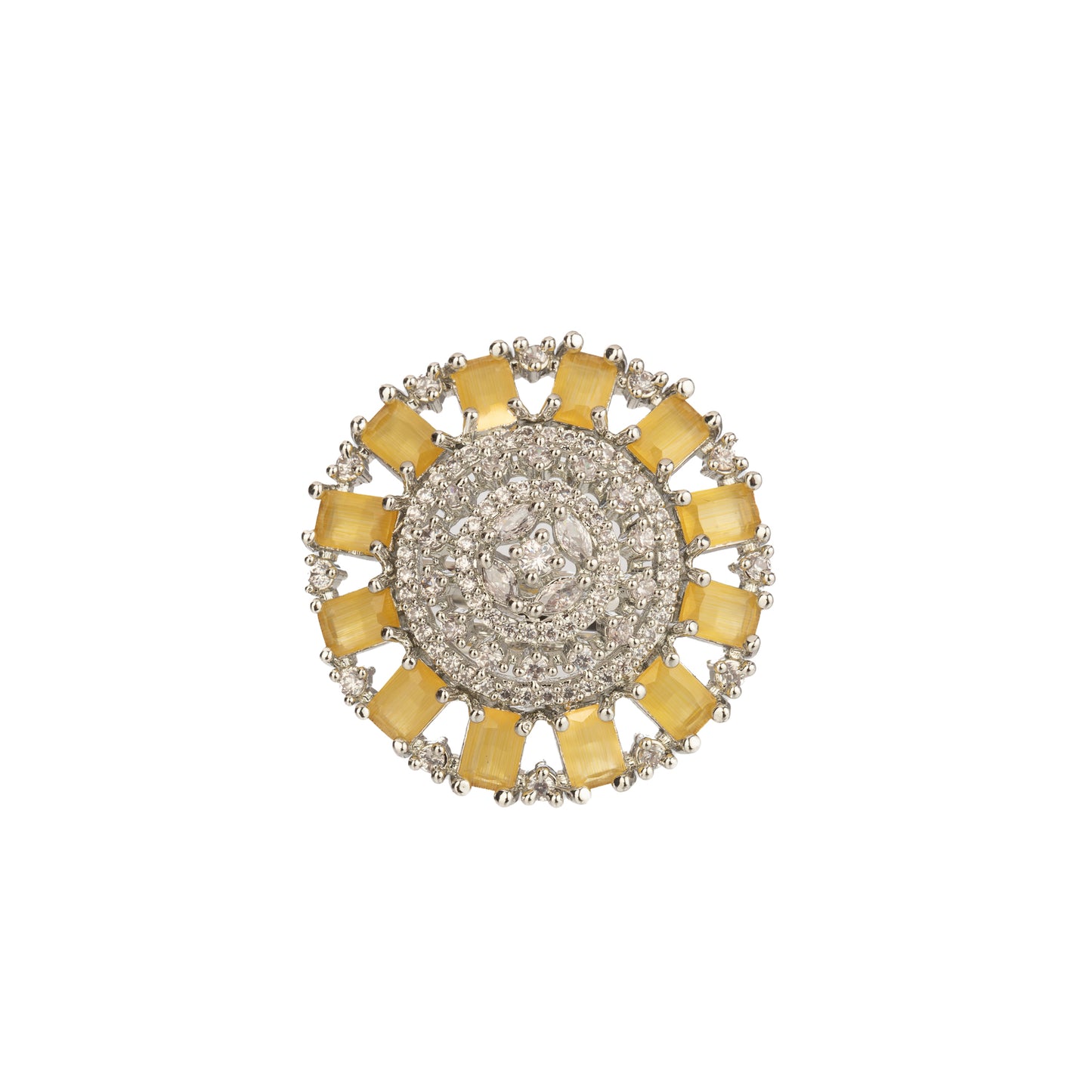 A FINGER RING WITH A YELLOW ZIRCON STONE OFFERS A VIBRANT, SUNNY TOUCH WITH ITS BRIGHT, EYE-CATCHING HUE.