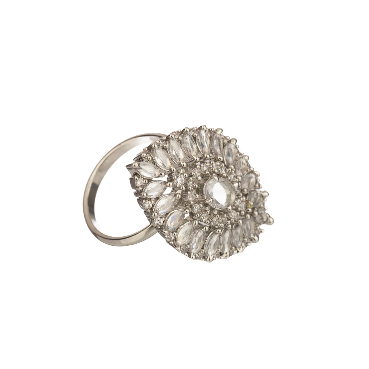 A SILVER ZIRCON FINGER RING OFFERS A SLEEK, MODERN LOOK WITH SPARKLING ELEGANCE.