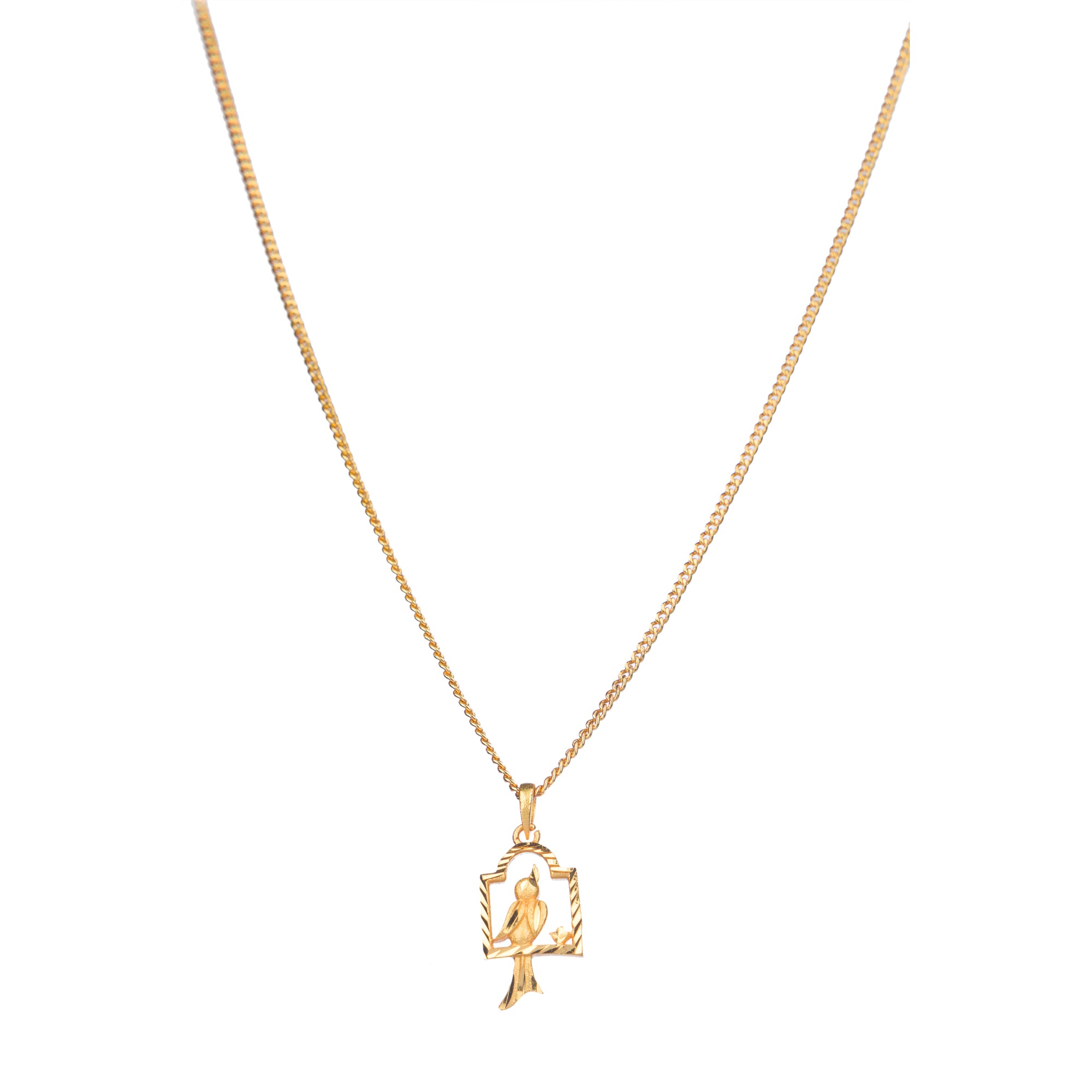 "Charming gold-tone pendant with a bird in a nest, perfect for casual wear, with a warm, elegant finish."
