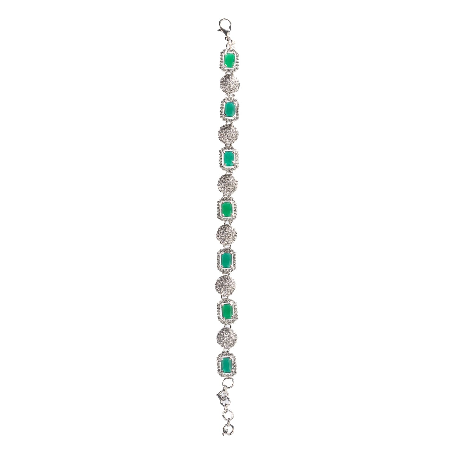 A CHAIN ZIRCON BRACELET WITH GREEN AND ZIRCON STONES COMBINES DELICATE ELEGANCE WITH VIBRANT COLOR AND SPARKLE.