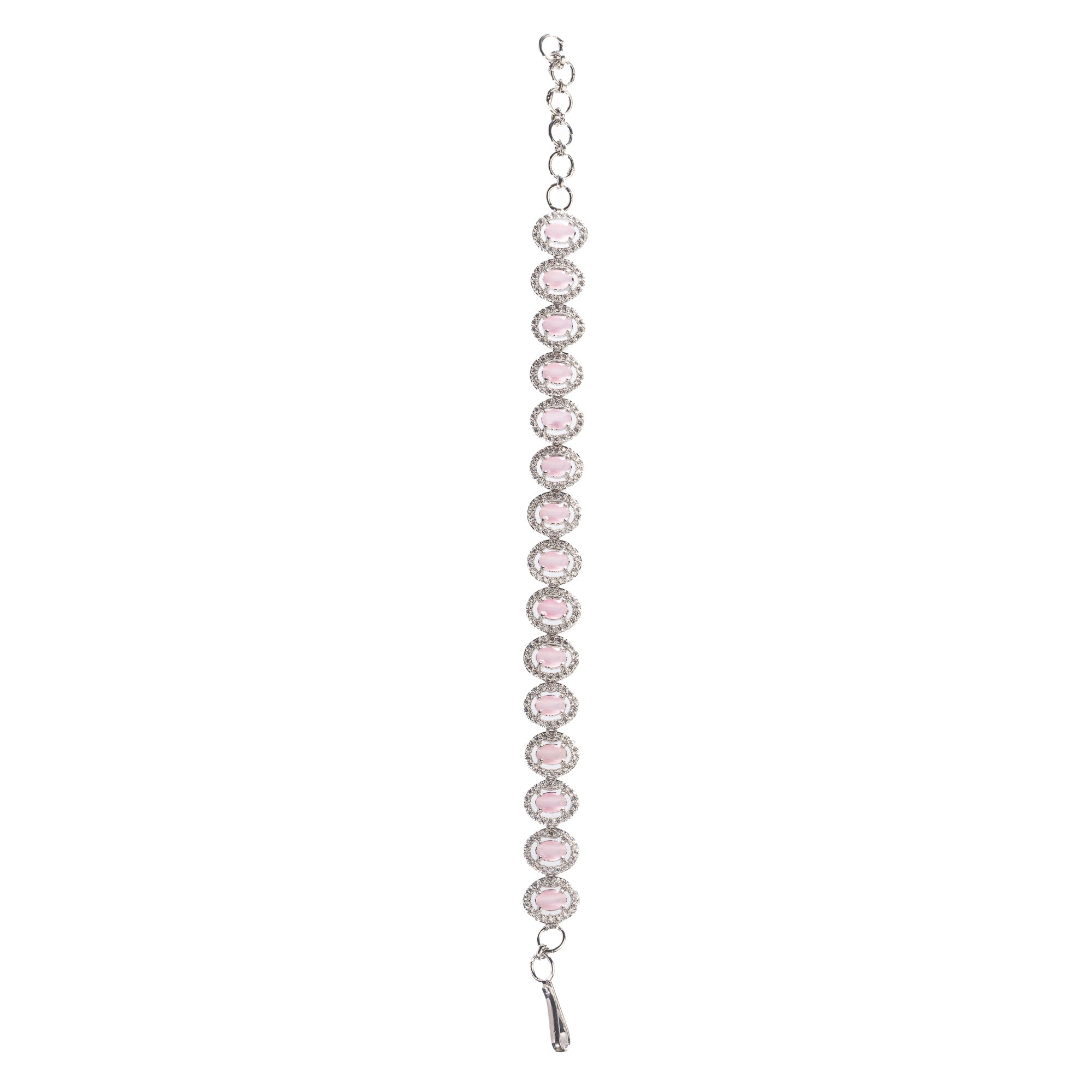 "Delicate pink zircon bracelet in silver, exuding vibrant charm with its soft, rosy glow for party wear."
