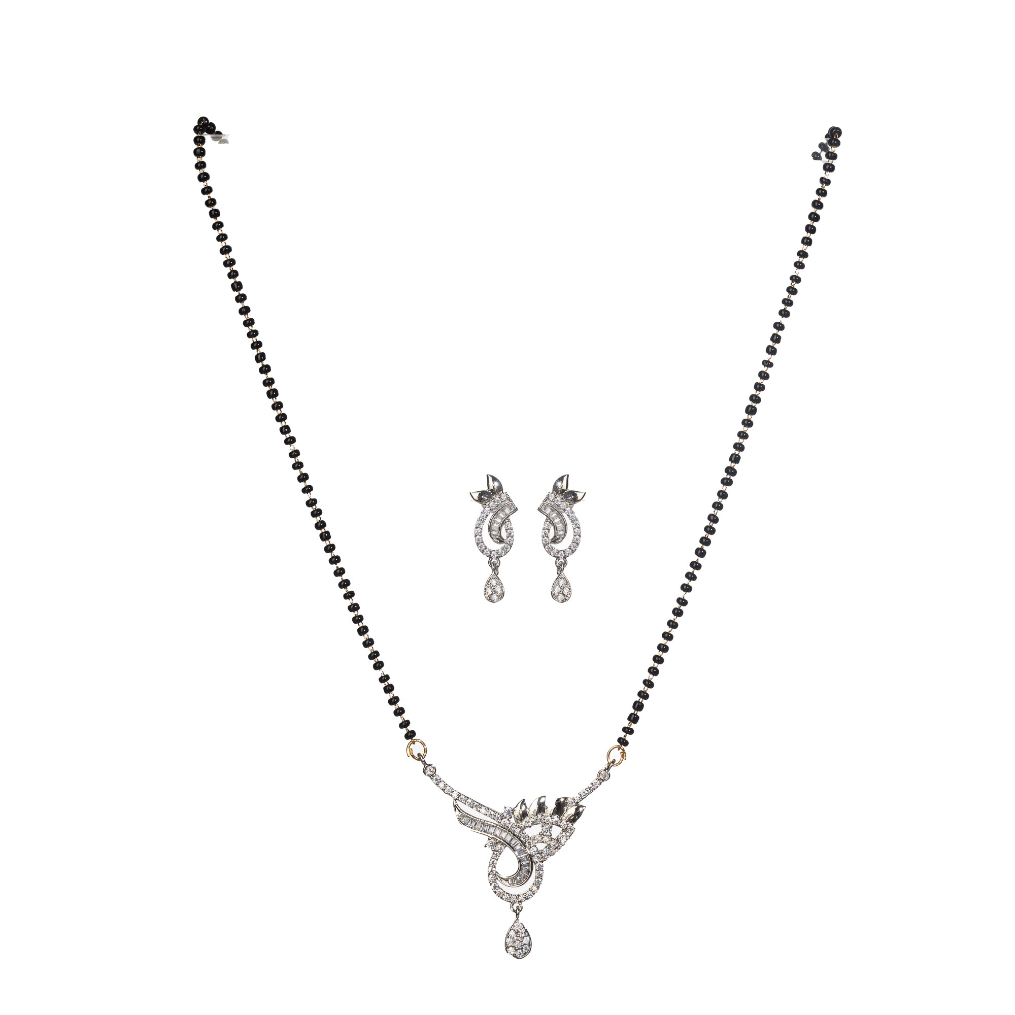 "Black zircon mangalsutra in silver, an auspicious symbol worn by brides for marital life."
