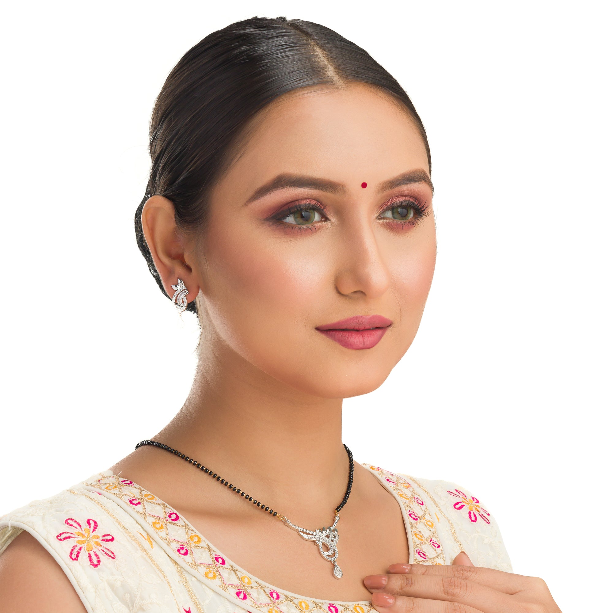 "Black zircon mangalsutra in silver, an auspicious symbol worn by brides for marital life."
