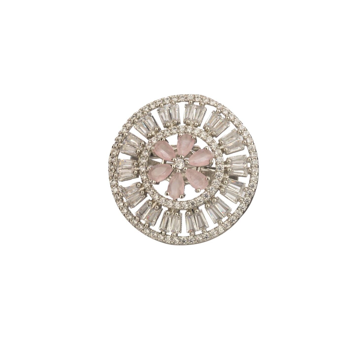 A ZIRCON FINGER RING WITH A PINK FLOWER IN THE MIDDLE COMBINES SPARKLING ELEGANCE WITH A CHARMING, VIBRANT FOCAL POINT.