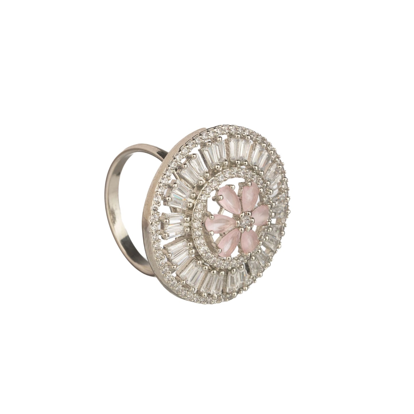 A ZIRCON FINGER RING WITH A PINK FLOWER IN THE MIDDLE COMBINES SPARKLING ELEGANCE WITH A CHARMING, VIBRANT FOCAL POINT.