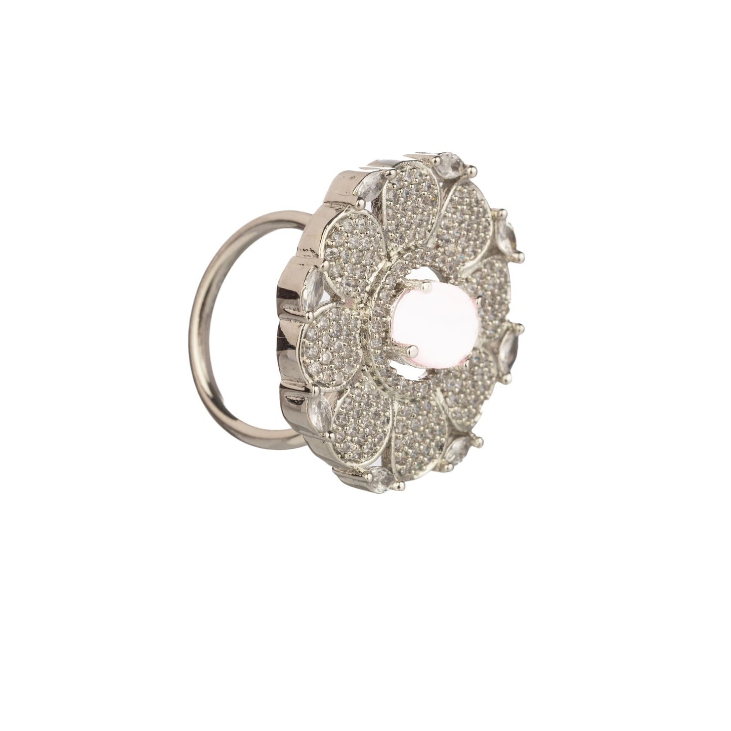 A ZIRCON FINGER RING WITH A PINK FLOWER IN THE MIDDLE COMBINES SPARKLING ELEGANCE WITH A CHARMING, VIBRANT FOCAL POINT.