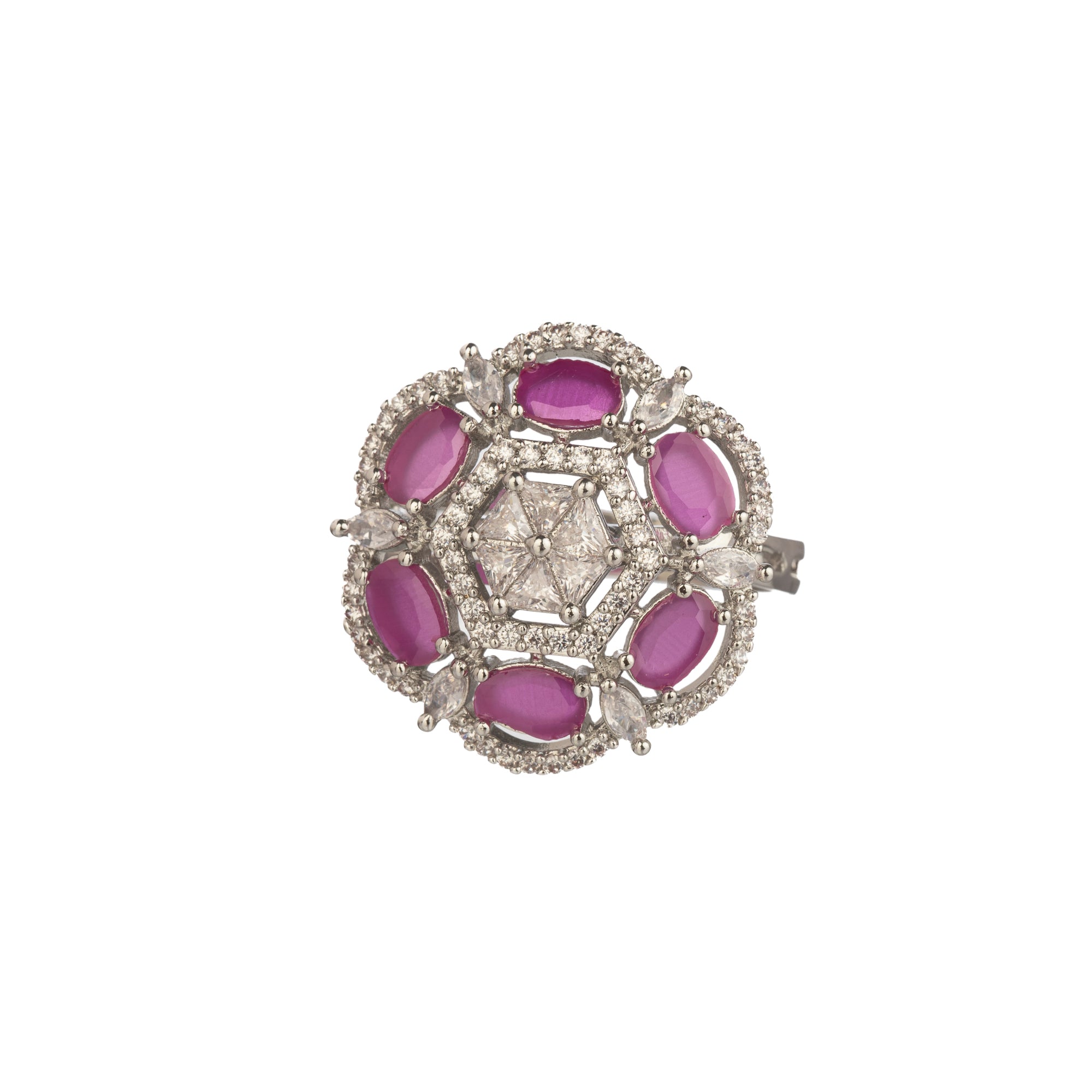 "Pink zircon finger ring in silver, showcasing vibrant color and sparkling elegance for a romantic touch."
