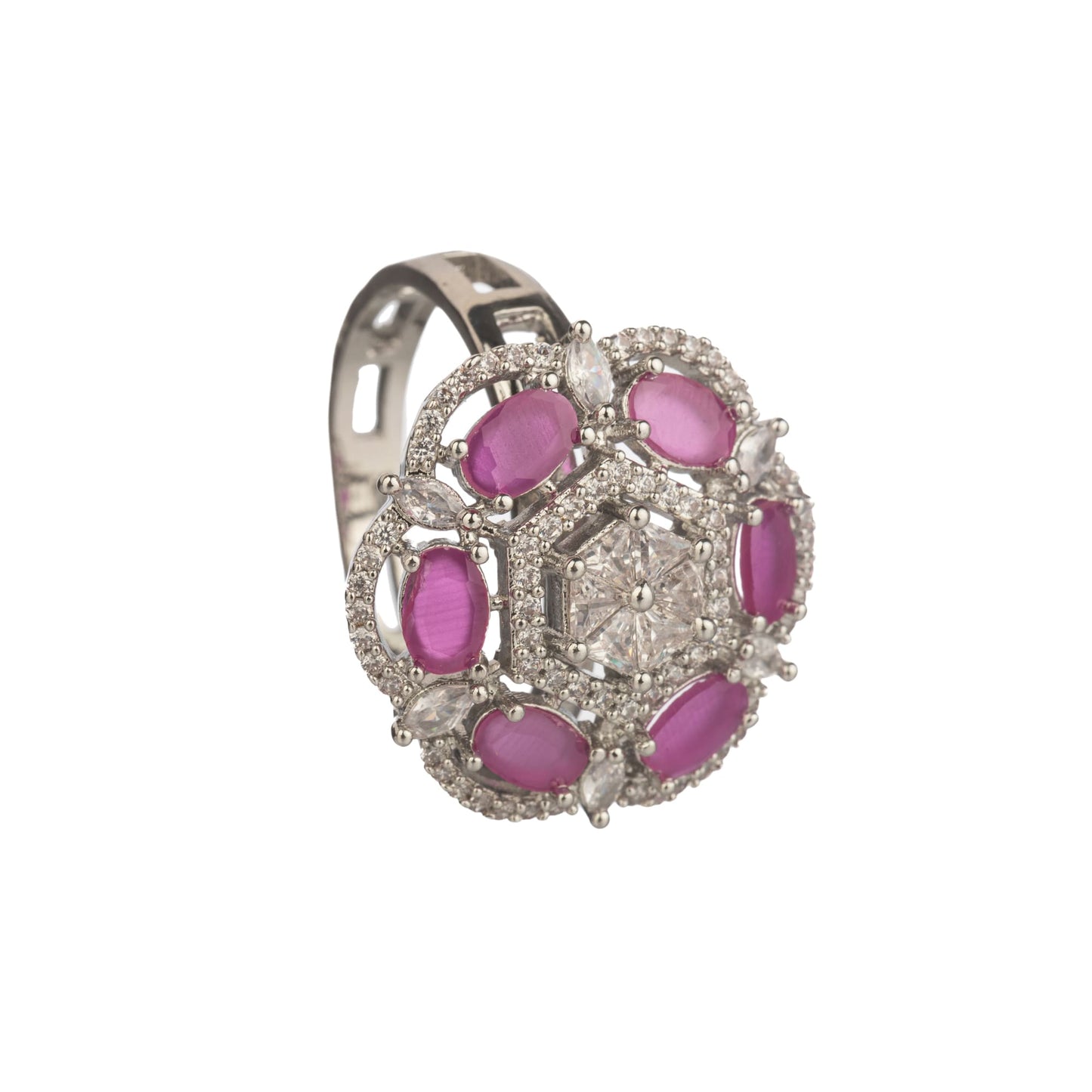 A PINK ZIRCON FINGER RING SHOWCASES VIBRANT COLOR AND SPARKLING ELEGANCE, ADDING A TOUCH OF ROMANCE AND SOPHISTICATION.