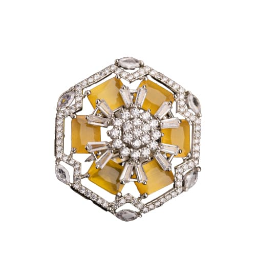 "YELLOW ZIRCON FINGER RING RADIATES VIBRANT, EYE-CATCHING BRILLIANCE."