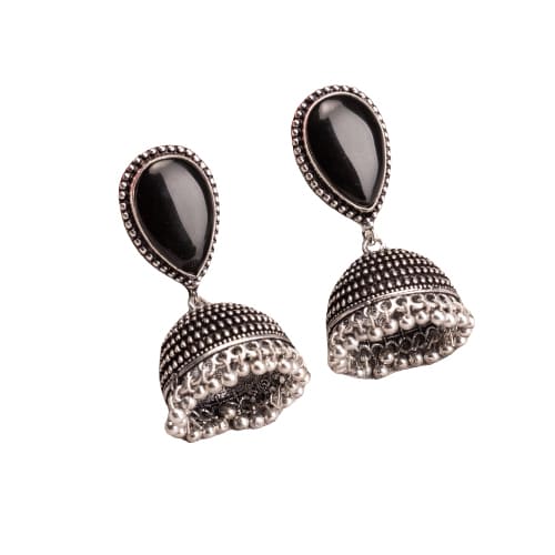 "OXIDIZED JHUMKA WITH A BLACK STONE AT THE CENTER DELIVERS A STRIKING, VINTAGE ALLURE."