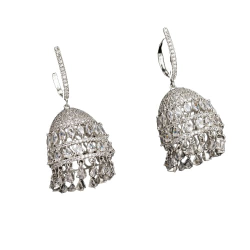 "ZIRCON JHUMKA COMBINES INTRICATE DETAILING WITH RADIANT SPARKLE FOR A STUNNING, TRADITIONAL TOUCH."