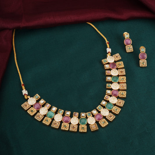 MULTICOLOR STONES-STUDDED GOLDTONE CHOKER SET FEATURES A CHOKER NECKLACE , ALONG WITH MATCHING EARRINGS