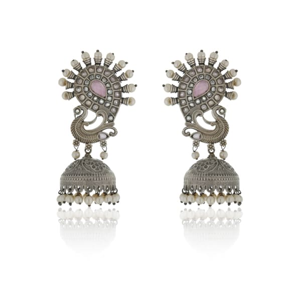 ELEVATE YOUR TRADITIONAL ENSEMBLE WITH THESE STUNNING OXIDIZED PEACOCK CRAFTED JHUMKA EARRINGS.