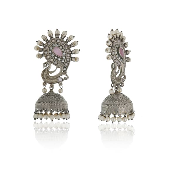 ELEVATE YOUR TRADITIONAL ENSEMBLE WITH THESE STUNNING OXIDIZED PEACOCK CRAFTED JHUMKA EARRINGS.