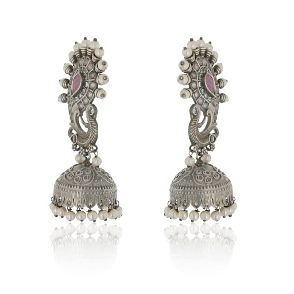 ELEVATE YOUR TRADITIONAL ENSEMBLE WITH THESE STUNNING OXIDIZED PEACOCK CRAFTED JHUMKA EARRINGS.