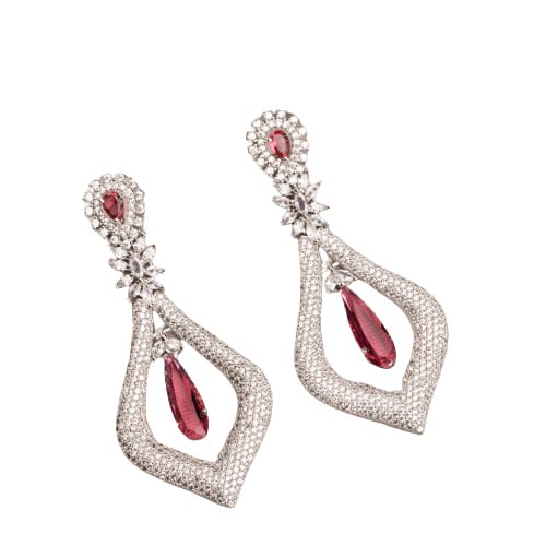 WHITE AND RED ZIRCON TOGETHER CREATE A STRIKING CONTRAST OF SPARKLE AND BOLD COLOR."