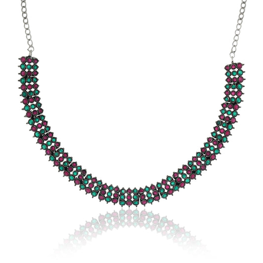 THIS OXIDIZED NECKLACE SET FEATURES VIBRANT MULTICOLOR STONES, ADDING A SPLASH OF COLOR AND CHARM TO YOUR LOOK.