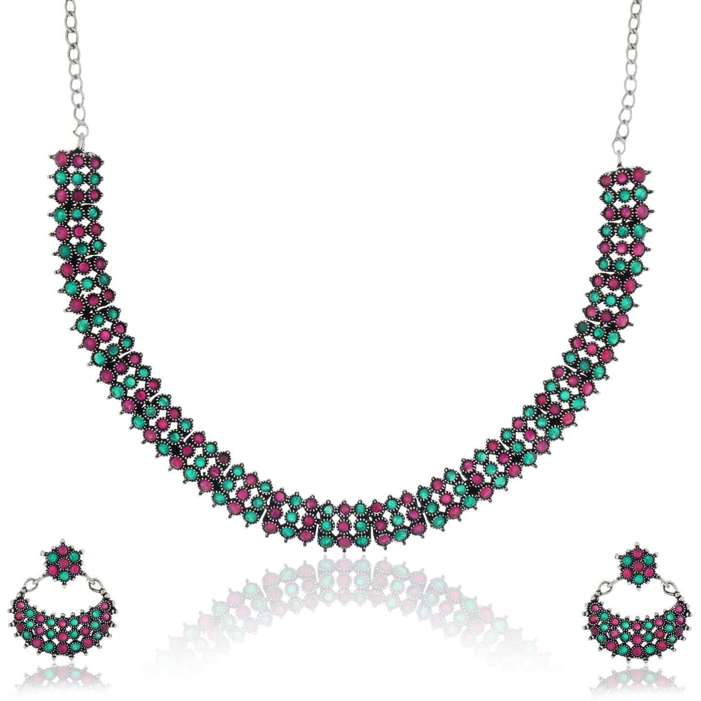 THIS OXIDIZED NECKLACE SET FEATURES VIBRANT MULTICOLOR STONES, ADDING A SPLASH OF COLOR AND CHARM TO YOUR LOOK.