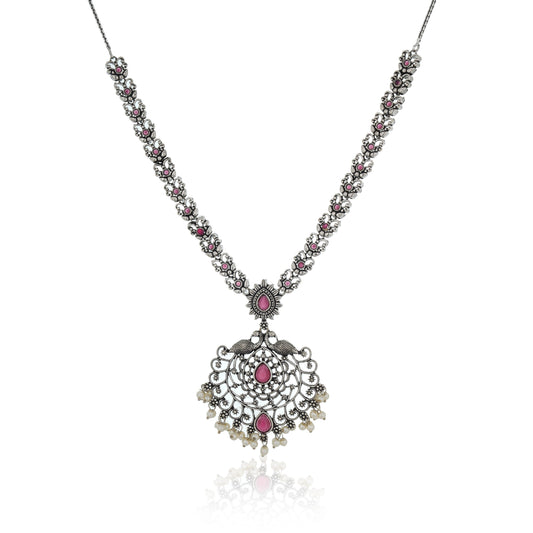 BEAUTIFUL PEACOCK DESIGN CRAFTED NECKLACE SET STUDDED WITH PINK STONES, OFFERING A VIBRANT AND ELEGANT TOUCH