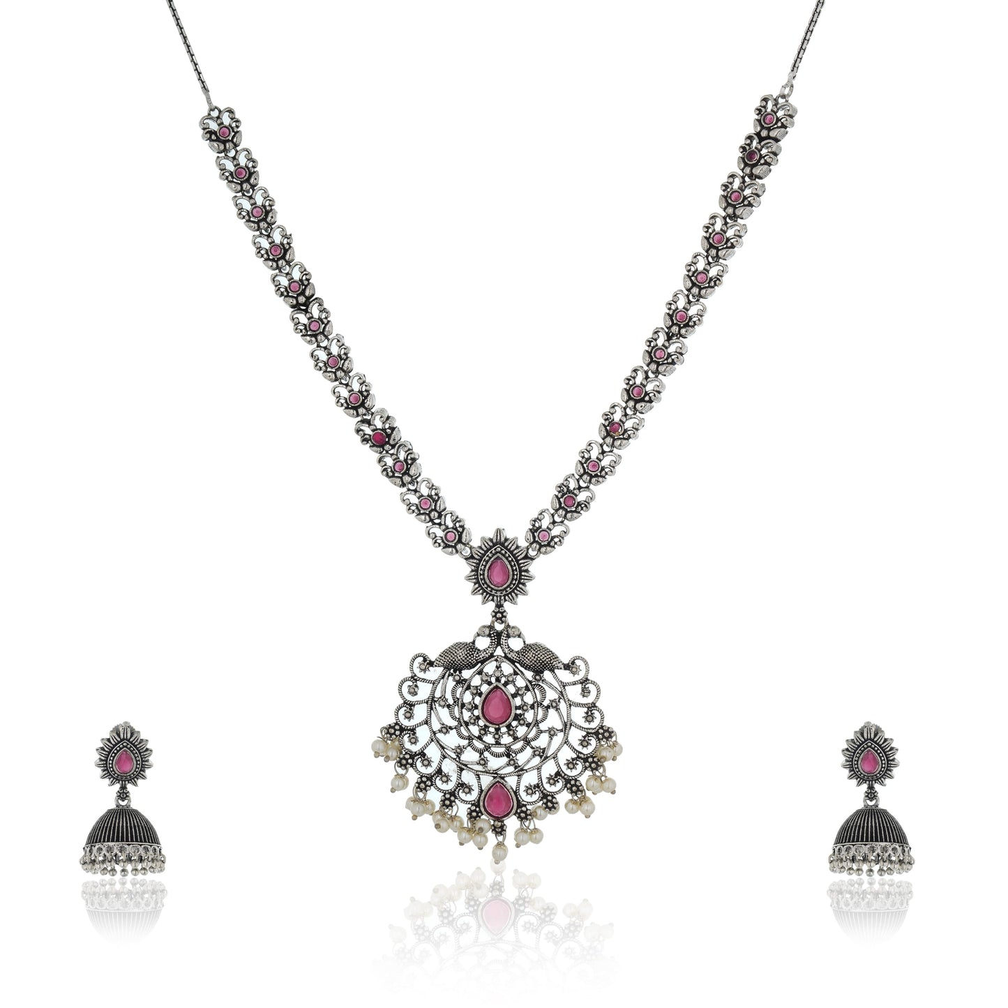 BEAUTIFUL PEACOCK DESIGN CRAFTED NECKLACE SET STUDDED WITH PINK STONES, OFFERING A VIBRANT AND ELEGANT TOUCH