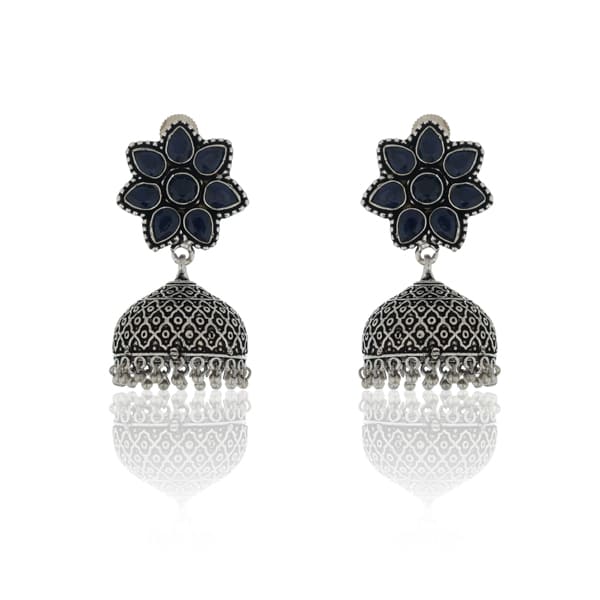 ADD A TOUCH OF ELEGANCE WITH THESE BLUE STONES STUDDED OXIDIZED JHUMKAS. FEATURING A BEAUTIFUL FLOWER DESIGN, T