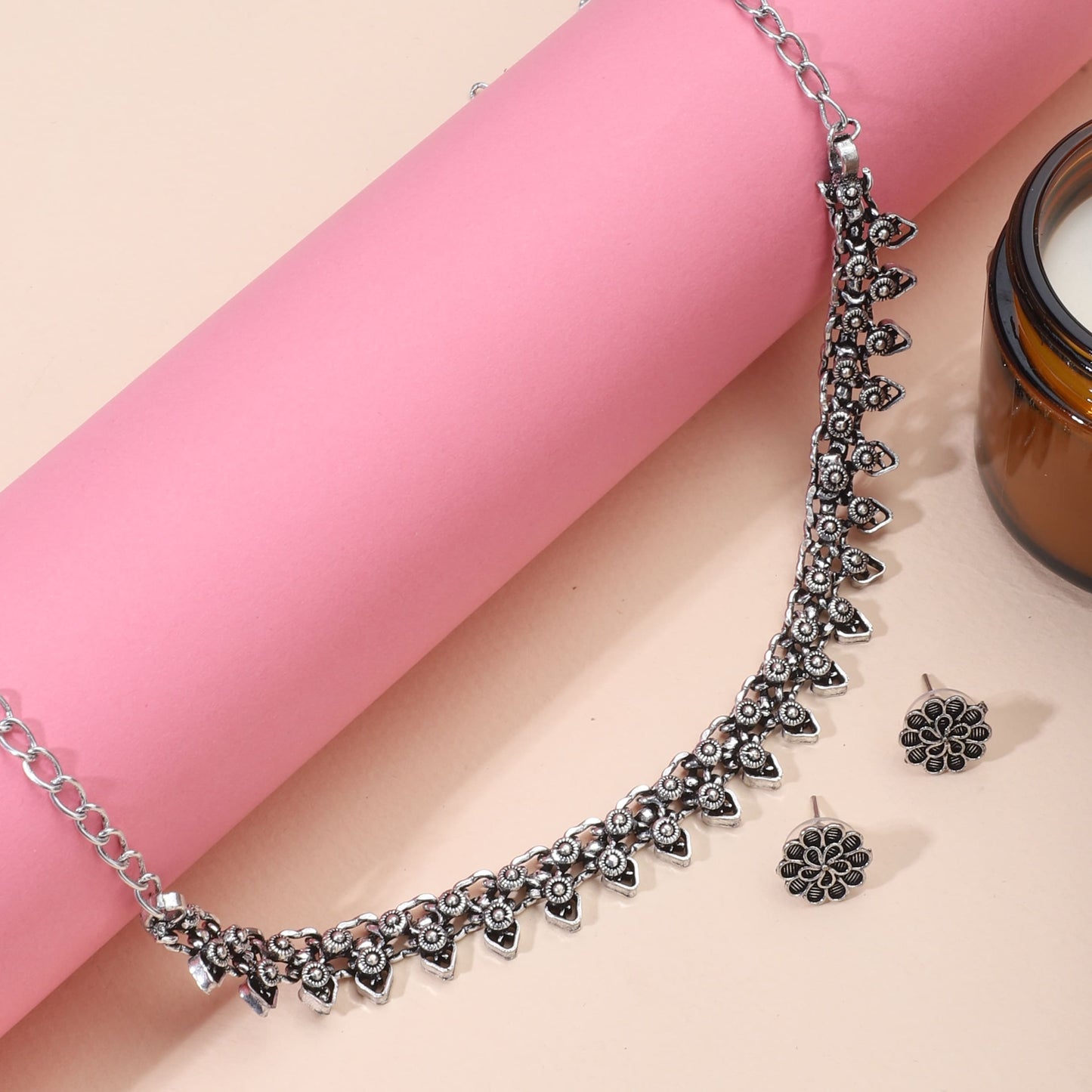 OXIDIZED NECKLACE SET WITH INTRICATE DETAILING, PERFECT FOR ADDING A VINTAGE CHARM TO ANY OUTFIT.