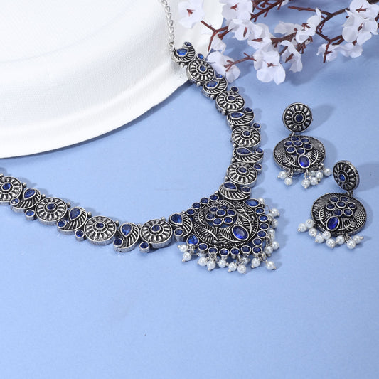 BRIGHTEN YOUR LOOK WITH THIS BLUE STONES STUDDED OXIDIZED LONG NECKLACE SET WITH MATCHING EARRING