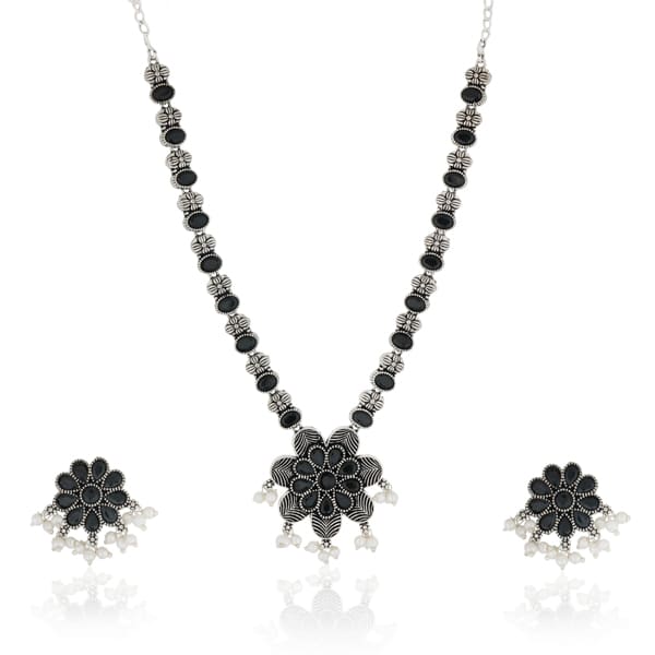 BRIGHTEN YOUR LOOK WITH THIS BLACK STONES STUDDED OXIDIZED LONG NECKLACE SET WITH MATCHING EARRINGBRIGHTEN YOUR LOOK WITH THIS BLACK STONES STUDDED OXIDIZED LONG NECKLACE SET WITH MATCHING EARRING