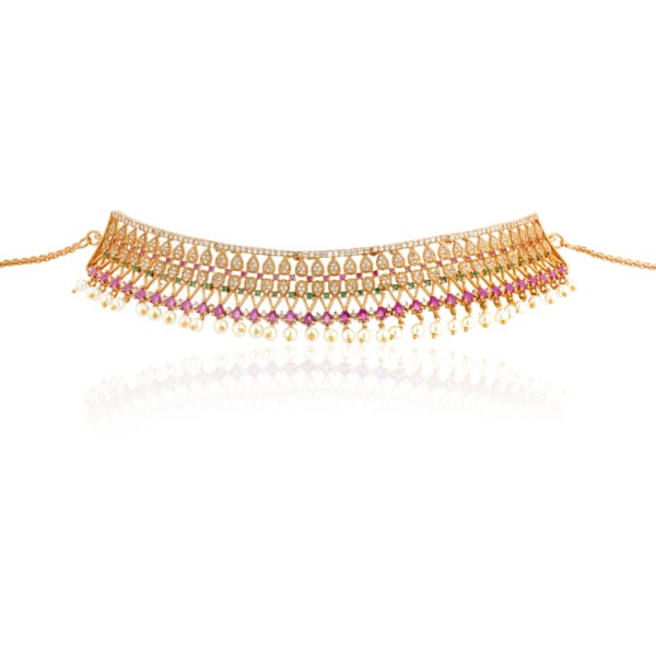 ADD A SPLASH OF COLOR WITH THIS MULTICOLOR STONES STUDDED GOLDTONE CHOKER SET.