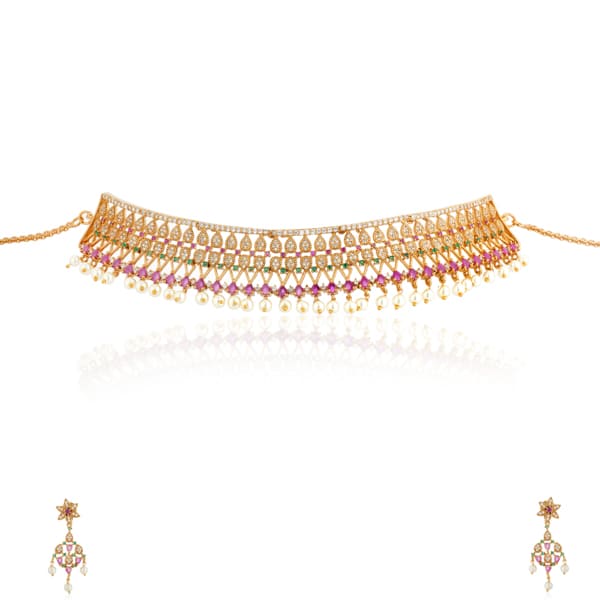 ADD A SPLASH OF COLOR WITH THIS MULTICOLOR STONES STUDDED GOLDTONE CHOKER SET.