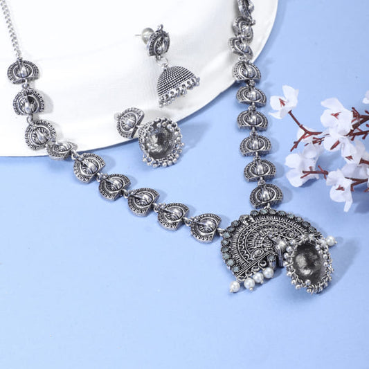 ENHANCE YOUR STYLE WITH THIS PEACOCK CRAFTED OXIDIZED LONG NECKLACE SET  WITH MATCHING EARRINGS