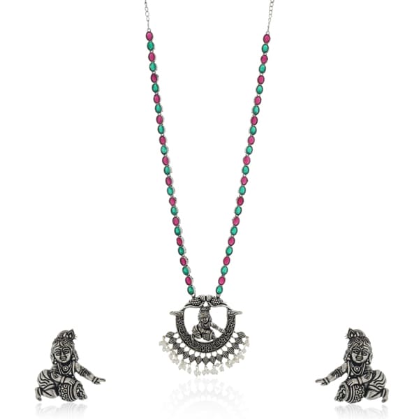 KRISHNA-CRAFTED OXIDIZED LONG NECKLACE SET WITH EARRINGS