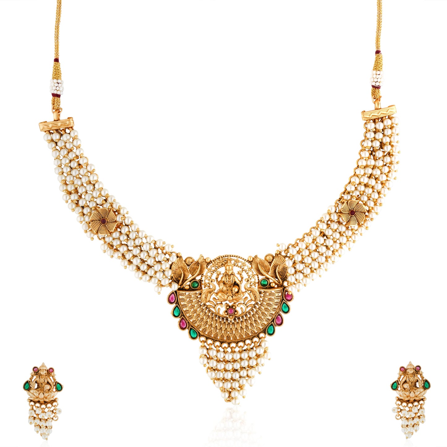 THE LAXMI MAA CRAFTED GOLD-TONE NECKLACE SET WITH WHITE PEARLS COMBINES DIVINE CRAFTSMANSHIP WITH ELEGANT DESIGN.