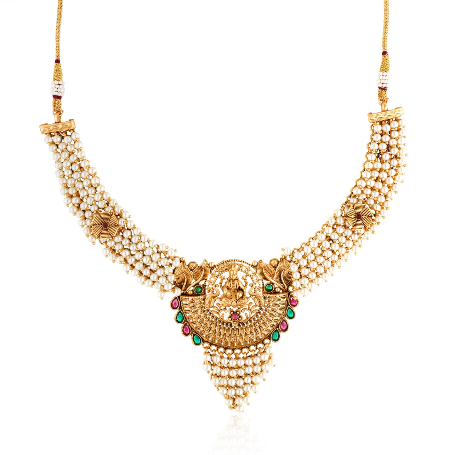 THE LAXMI MAA CRAFTED GOLD-TONE NECKLACE SET WITH WHITE PEARLS COMBINES DIVINE CRAFTSMANSHIP WITH ELEGANT DESIGN.