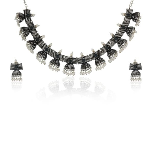 BLACK COLOR STONES STUDDED OXIDIZED NECKLACE SET WITH MATCHING EARRINGS.