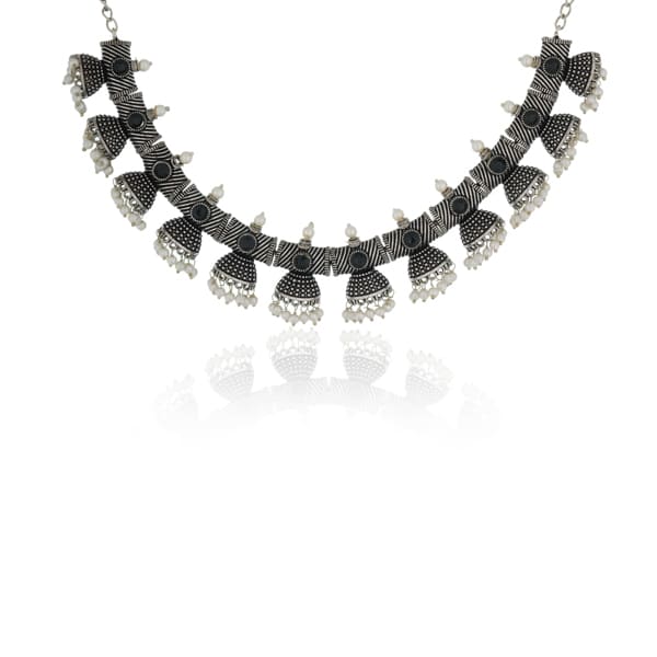 BLACK COLOR STONES STUDDED OXIDIZED NECKLACE SET WITH MATCHING EARRINGS.