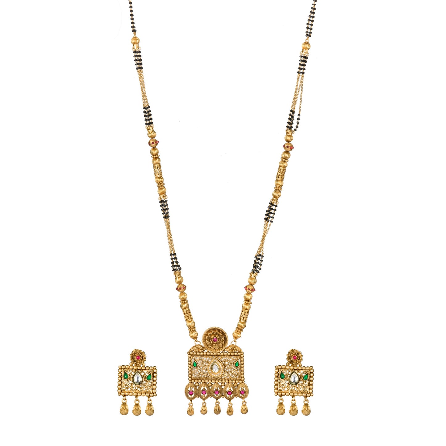 LONG GOLD-TONE MANGALSUTRA WITH BLACK BEADS AND STONES STUDDED.