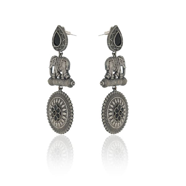 ADD A UNIQUE TOUCH WITH THESE ELEPHANT CRAFTED OXIDIZED LONG EARRINGS.