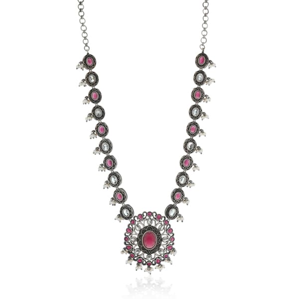 PINK STONE-STUDDED OXIDIZED LONG NECKLACE SET WITH MATCHING EARRINGS.