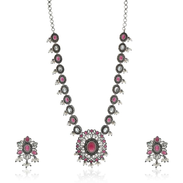 PINK STONE-STUDDED OXIDIZED LONG NECKLACE SET WITH MATCHING EARRINGS.