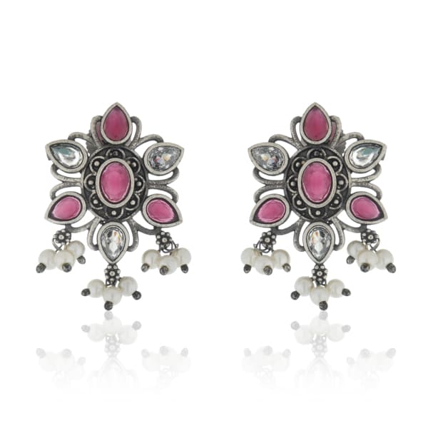 PINK STONE-STUDDED OXIDIZED LONG NECKLACE SET WITH MATCHING EARRINGS.